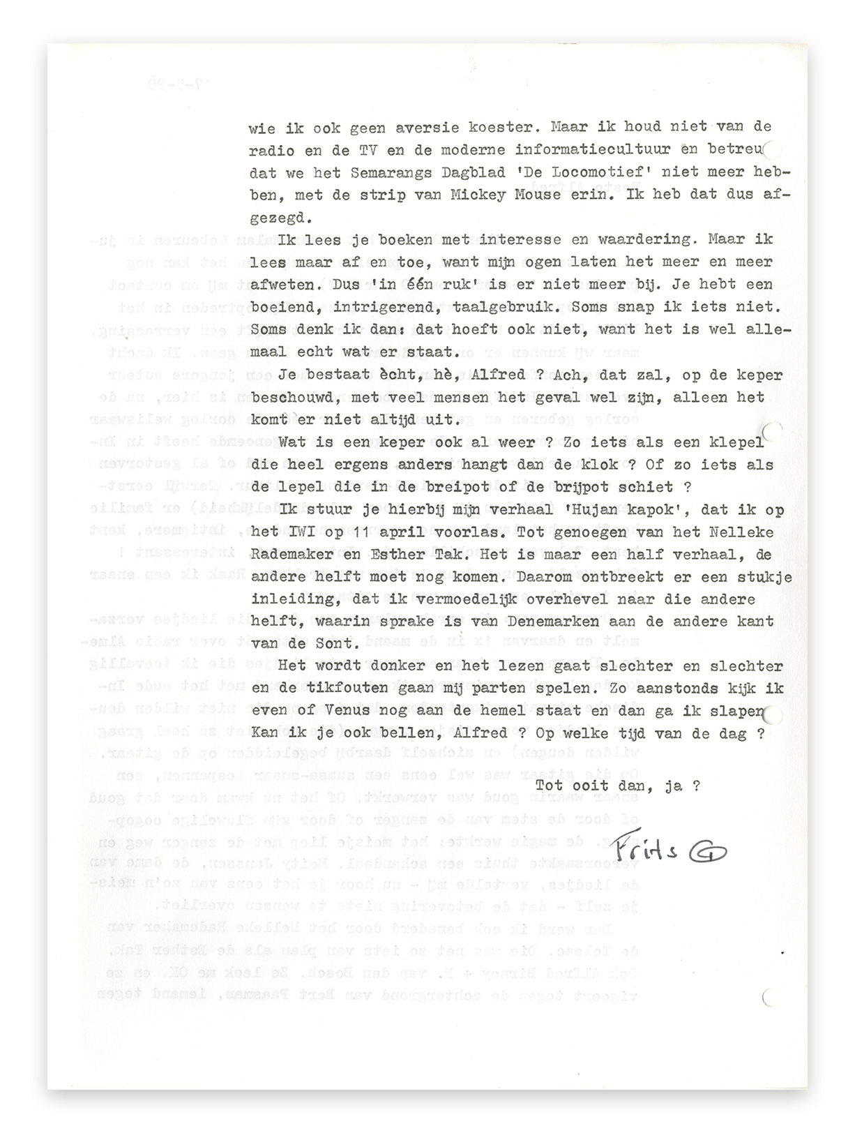 Brief Aan Oom Frits Alfred Birney Over F Van Den Bosch Literatuurmuseum