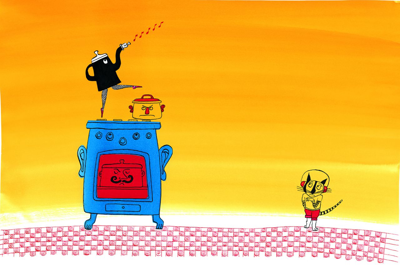 ‘Het fluitketeltje’ door Sieb Posthuma, Een vijver vol inkt, 2011. Pen en inkt, ecoline