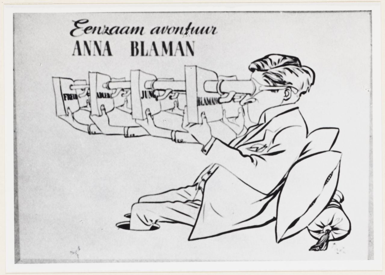 Karikatuur door Karel Thole naar aanleiding van <i>Eenzaam avontuur</i>