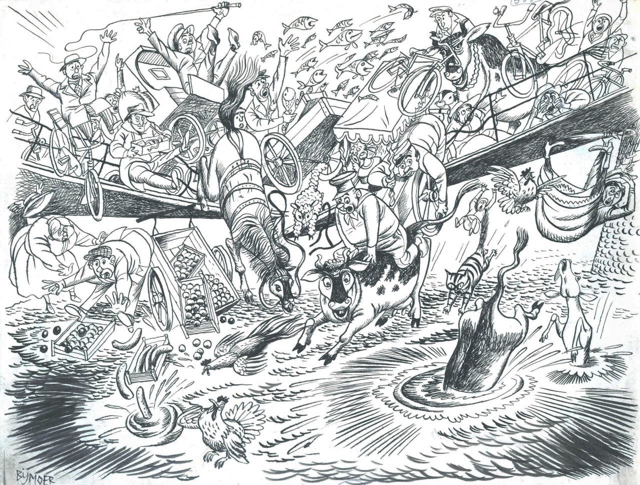 ‘De brug van Breukelen’, voor het eerst gepubliceerd 7 april 1956 in <i>Het Parool</i>, later verschenen in <i>Op visite bij de reus</i>, 1956. Pen en inkt.