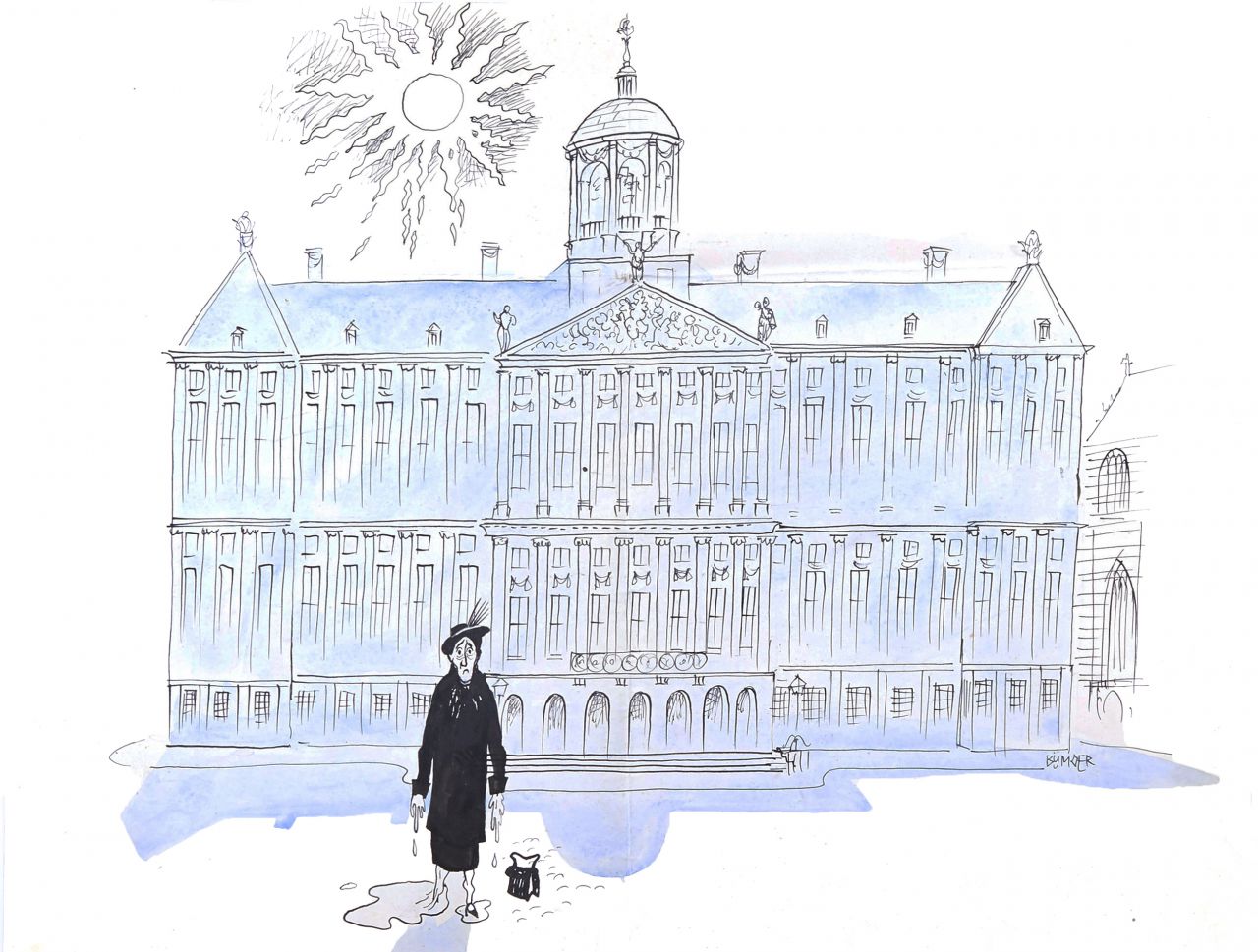 ‘Pas op voor de hitte’ voor het eerst gepubliceerd 5 juni 1954 in <i>Het Parool</i>, later verschenen in <i>De lapjeskat</i>, 1954. Pen en inkt.