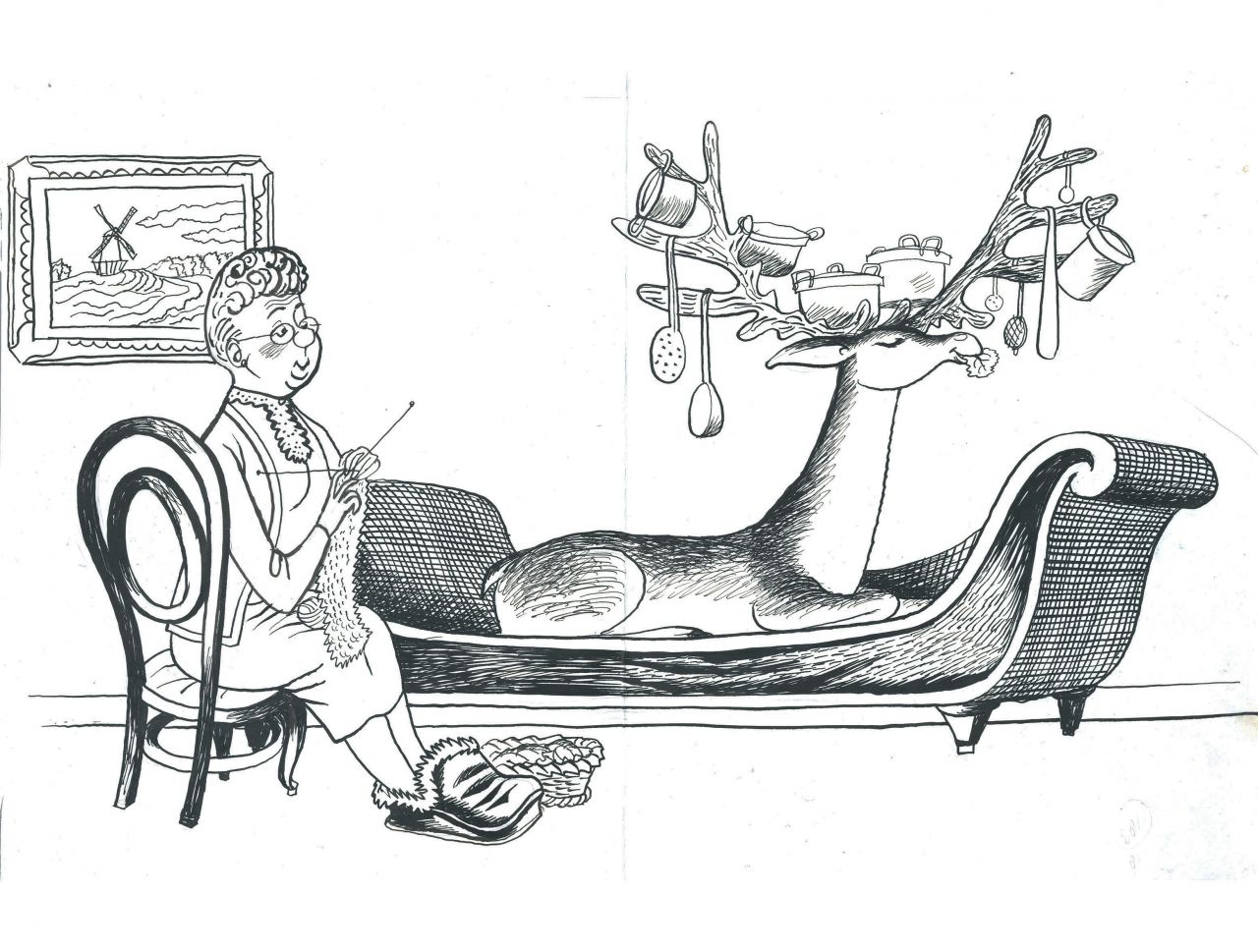 ‘Tante To’ voor het eerst gepubliceerd 21 augustus 1954 in <i>Het Parool</i>, later verschenen in <i>Ik ben lekker stout</i>, 1955. Pen en inkt.