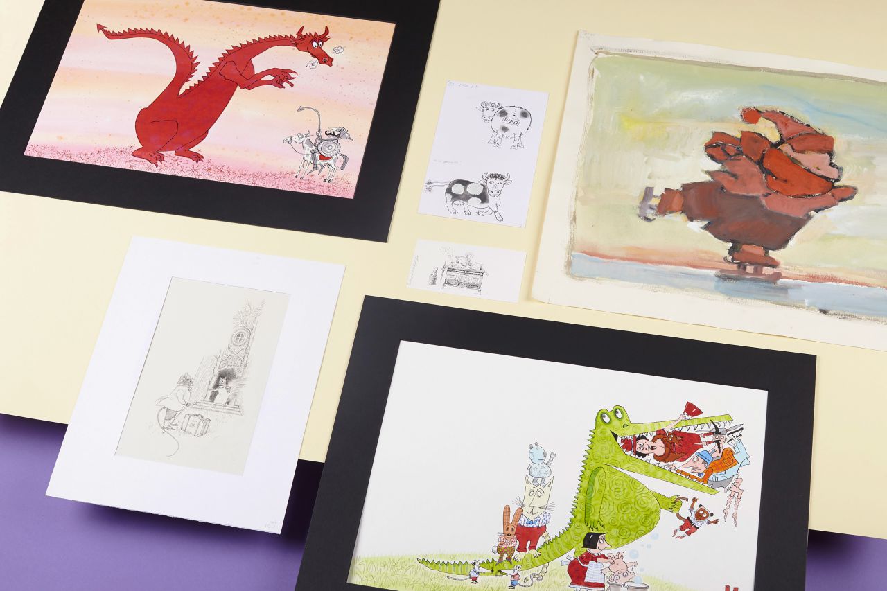 Originele illustraties van Sieb Posthuma, Jenny Dalenoord, Thé Tjong-Khing, Harrie Geelen en Mance Post uit de collectie van het Literatuurmuseum