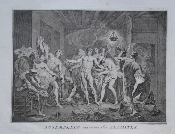 Gravure van de adamieten die de serafijnse liefde bedrijven