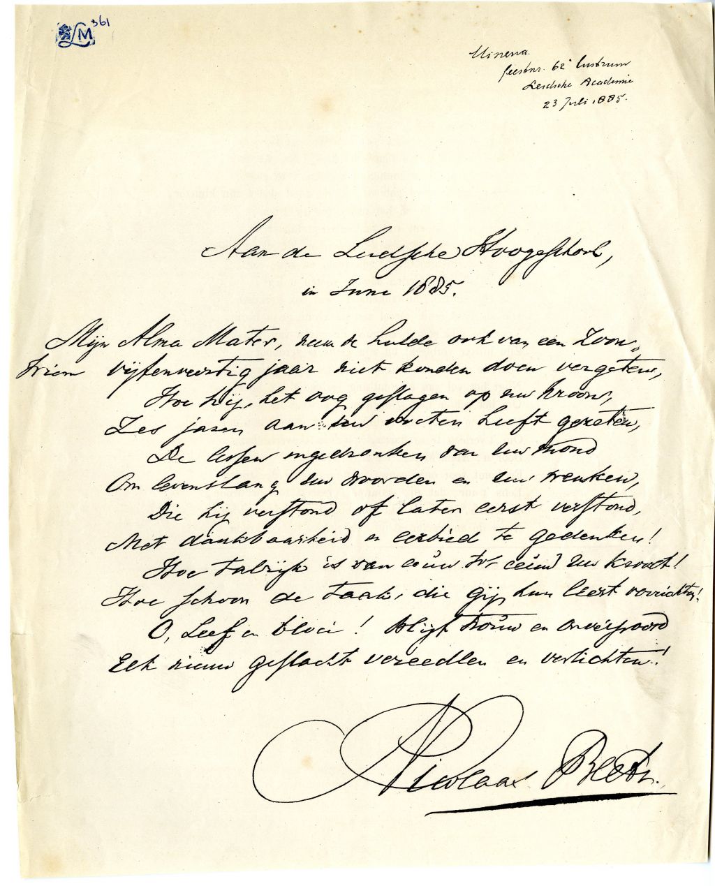 Gedicht van Beets ter gelegenheid van het 62e lustrum van de Leidse universiteit, 1885