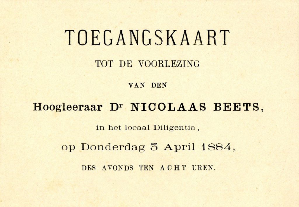 Toegangskaart voor een lezing door Nicolaas Beets in het Haagse Diligentia op 3 april 1884