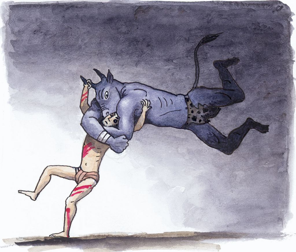 Theseus en de Minotauros, uit <i>Helden</i>, Els Pelgrom. Lannoo (2006)