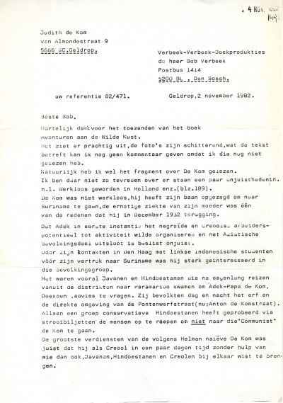 Brief Judith de Kom, 4 november 1982