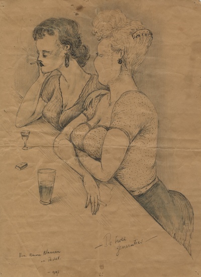 Tekening door Theun de Vries van twee prostituees in café Het mandje