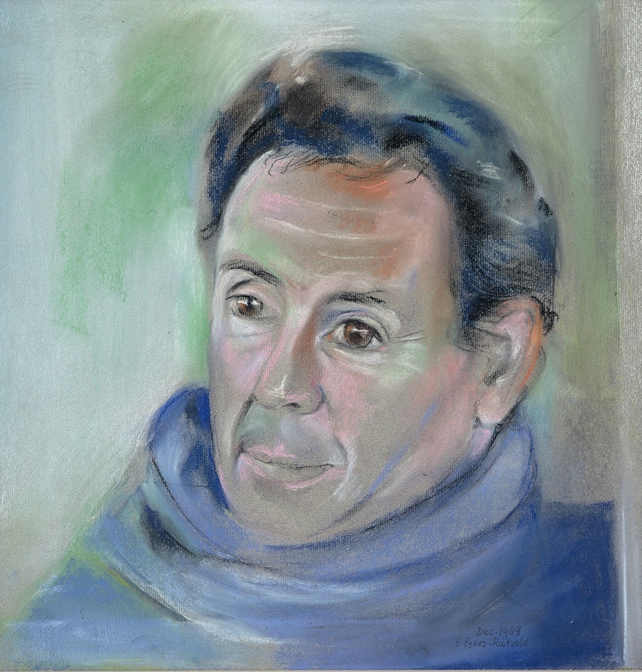 De afbeelding toont een kunstzinnig portret van F.L. Bastet. Gemaakt door: Bep  Eskes-Rietveld