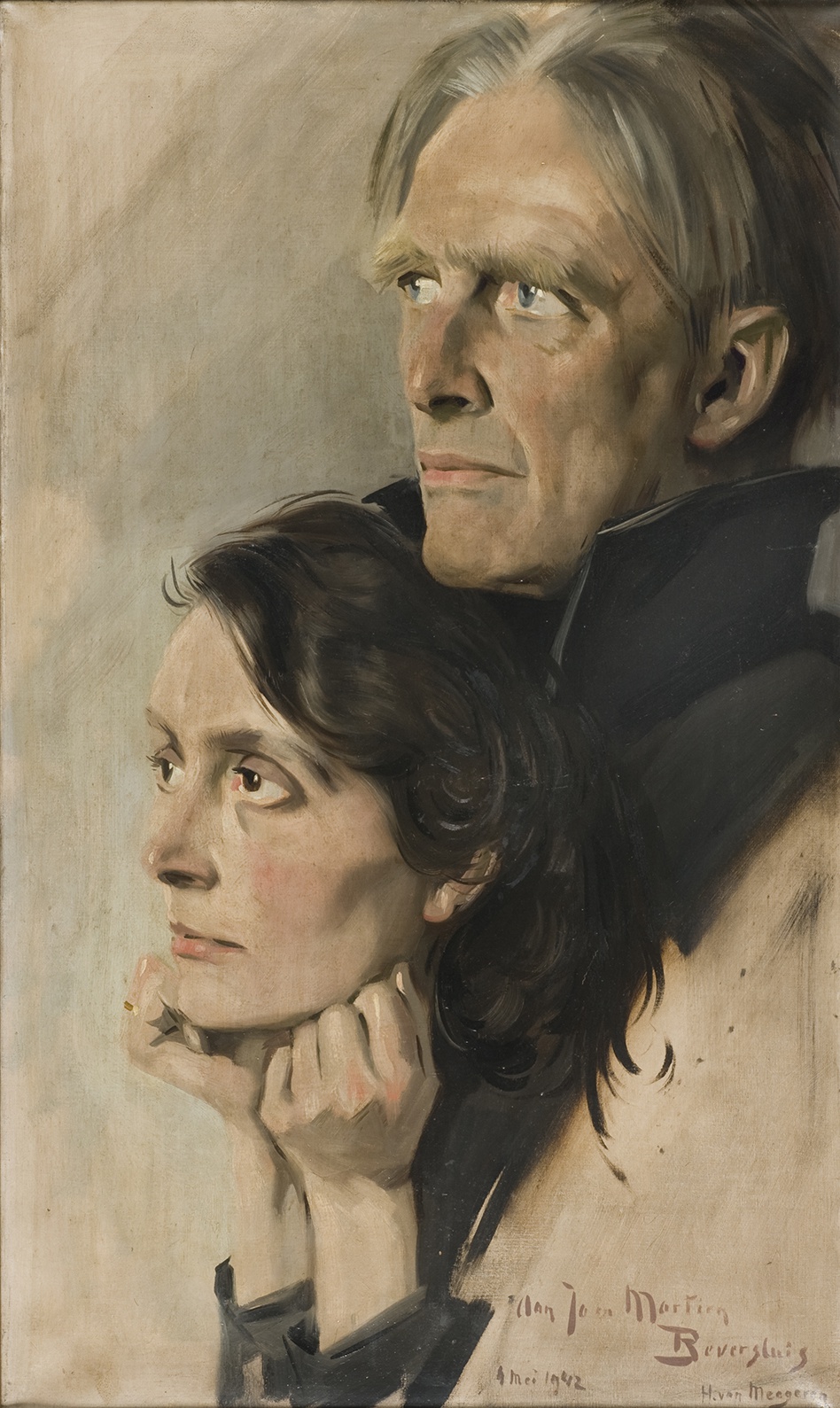 De afbeelding toont een kunstzinnig portret van Martien Beversluis en Dignate Robbertz . Gemaakt door: Han van Meegeren