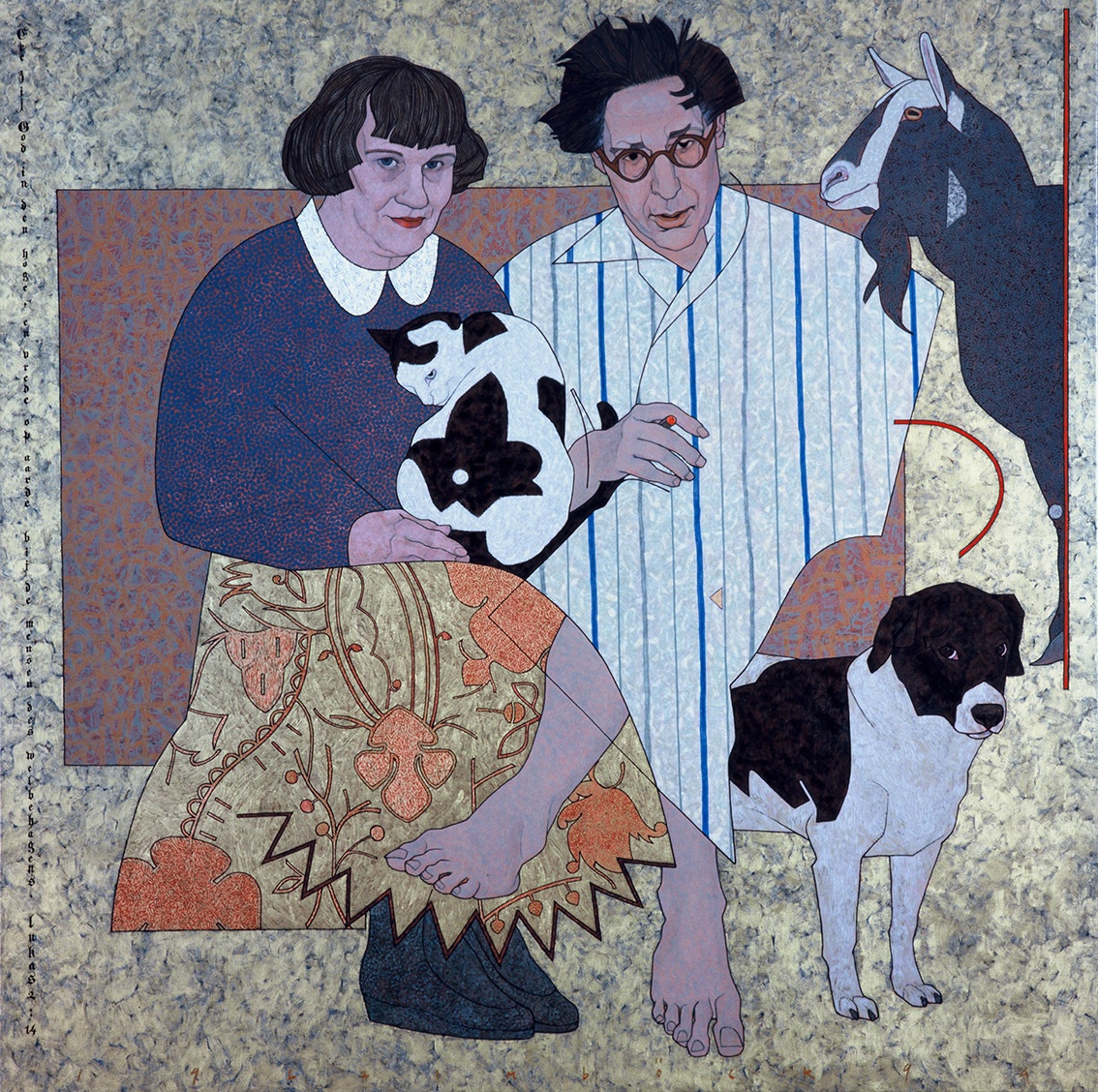 De afbeelding toont een kunstzinnig portret van Maarten Biesheuvel en Eva Biesheuvel-Gütlich omringd door ‘kippie’, ‘johnny’ en ‘geitie’. Gemaakt door: Lia   Laimböck