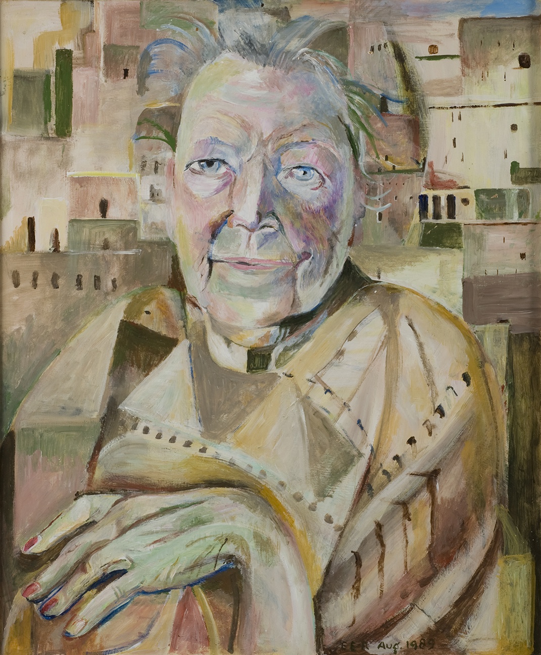 De afbeelding toont een kunstzinnig portret van Jo Boer. Gemaakt door: Elisabeth Eskes-Rietveld
