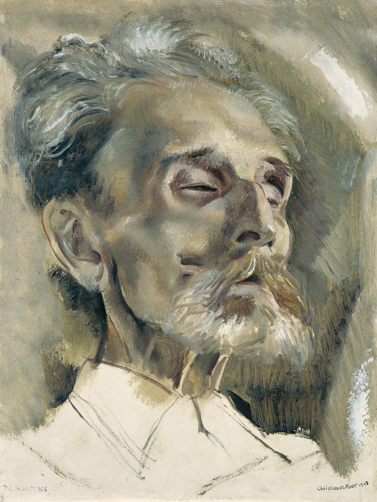 De afbeelding toont een kunstzinnig portret van P.C. Boutens - Op zijn sterfbed . Gemaakt door: Chris de Moor 