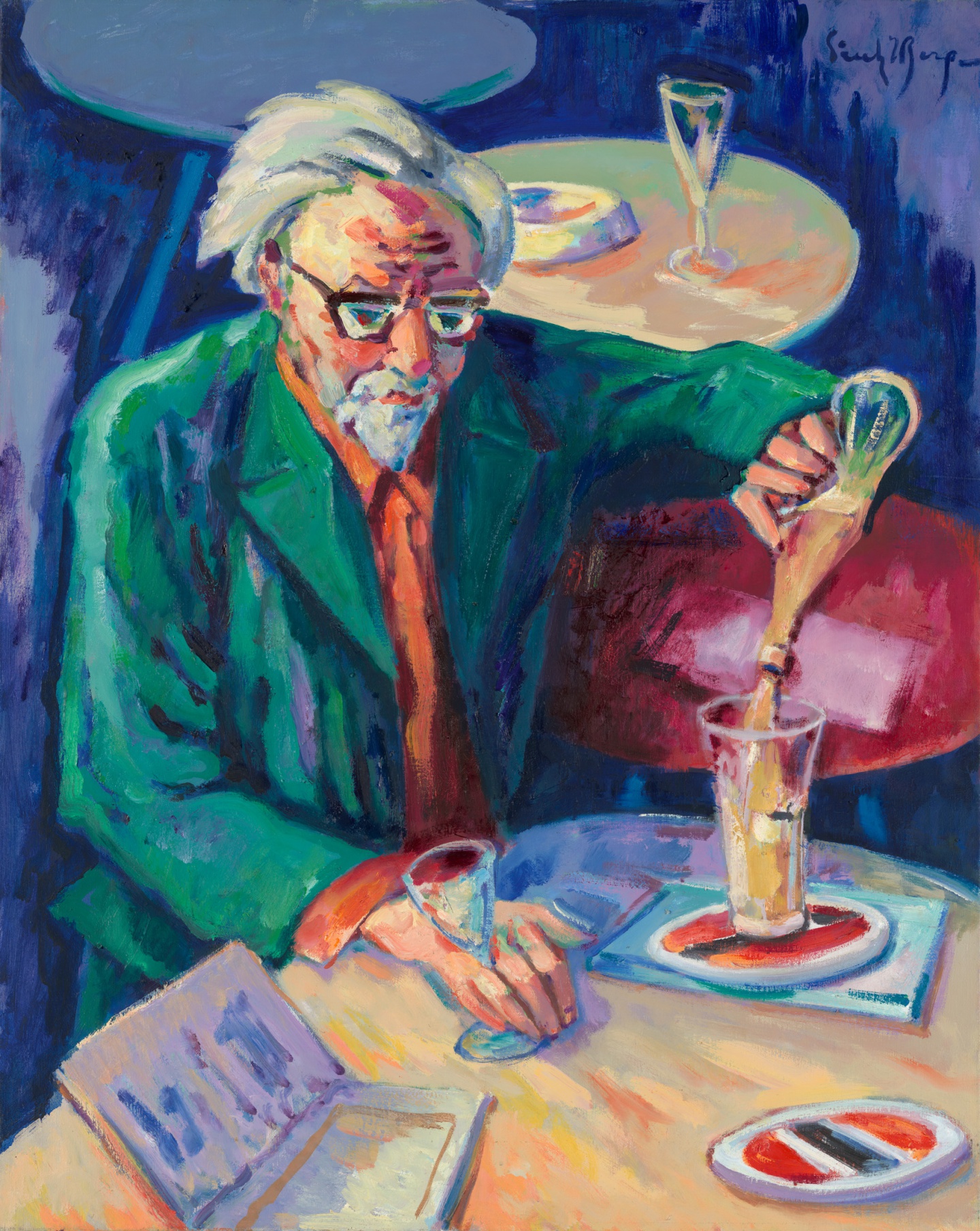 De afbeelding toont een kunstzinnig portret van Gerard den Brabander  - In café Eijlders. Gemaakt door: Freek van den  Berg