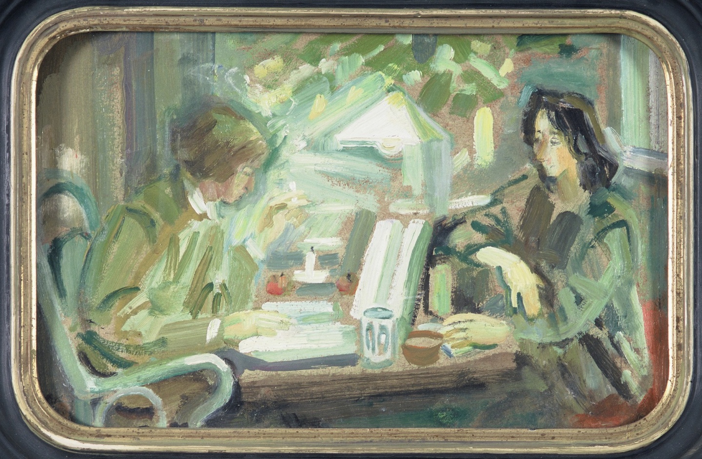 De afbeelding toont een kunstzinnig portret van Anneke Brassinga en Thérèse Cornips. Gemaakt door: Jopie Roosenburg-Goudriaan