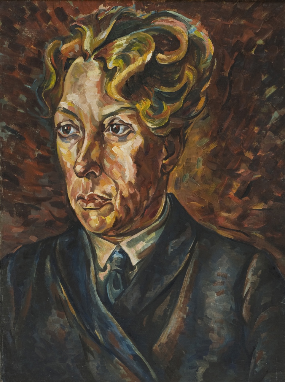 De afbeelding toont een kunstzinnig portret van Til Brugman . Gemaakt door: Hannah  Höch 