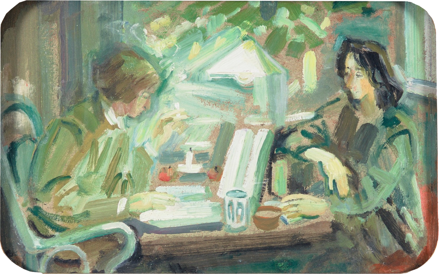 De afbeelding toont een kunstzinnig portret van  Anneke Brassinga en Thérèse Cornips. Gemaakt door: Jopie Roosenburg-Goudriaan