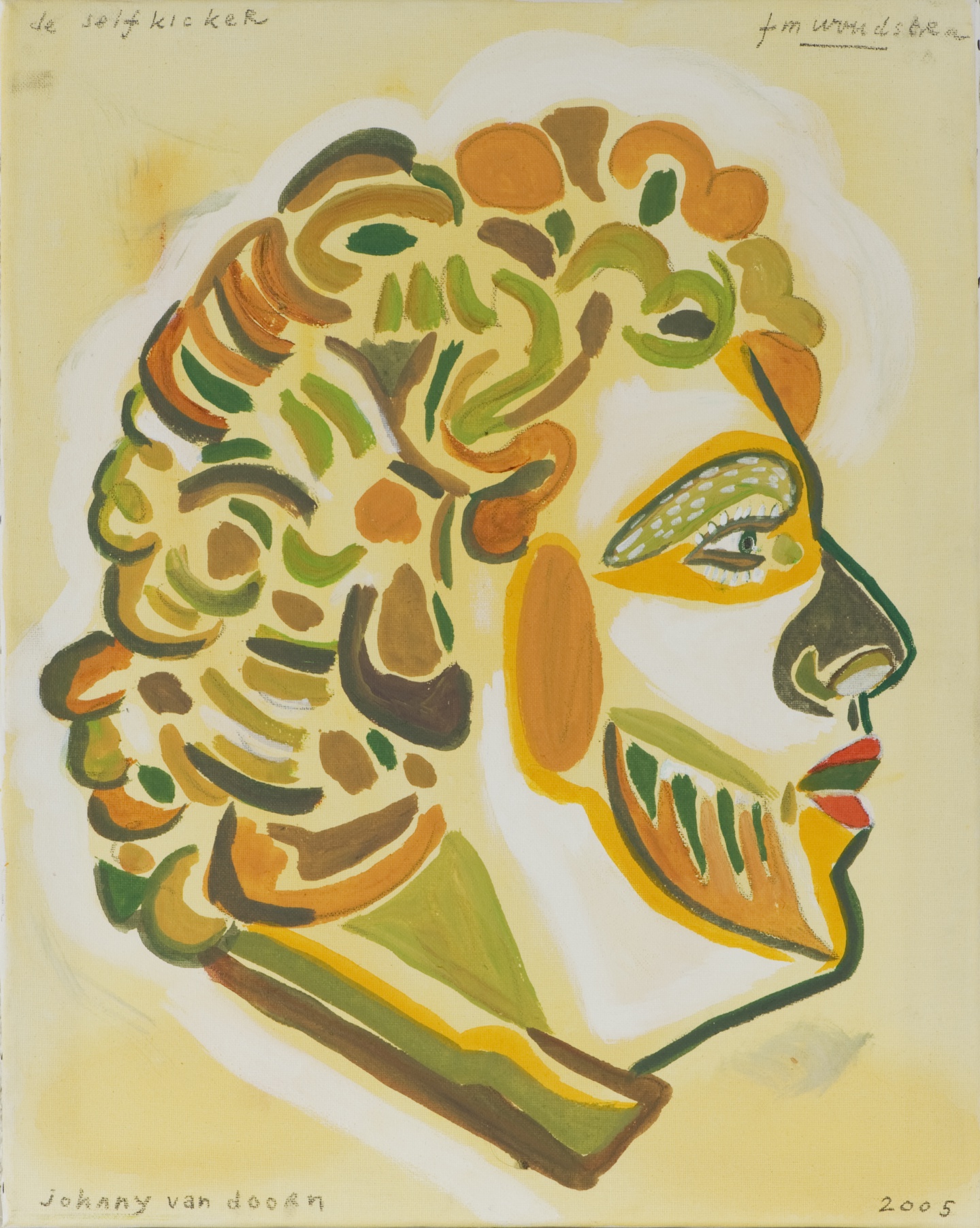 De afbeelding toont een kunstzinnig portret van Johnny van Doorn – de Selfkicker . Gemaakt door: Frits Woudstra