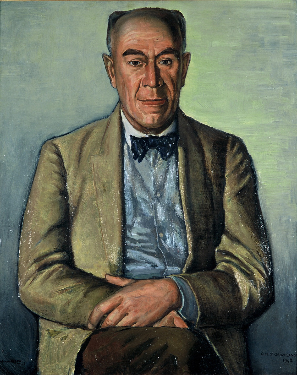 De afbeelding toont een kunstzinnig portret van G.H. ’s- Gravesande . Gemaakt door: P.L. van  Eeden 