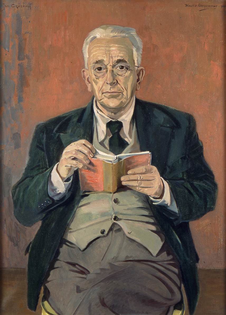 De afbeelding toont een kunstzinnig portret van J. Greshoff . Gemaakt door: Waalko  Dingemans 