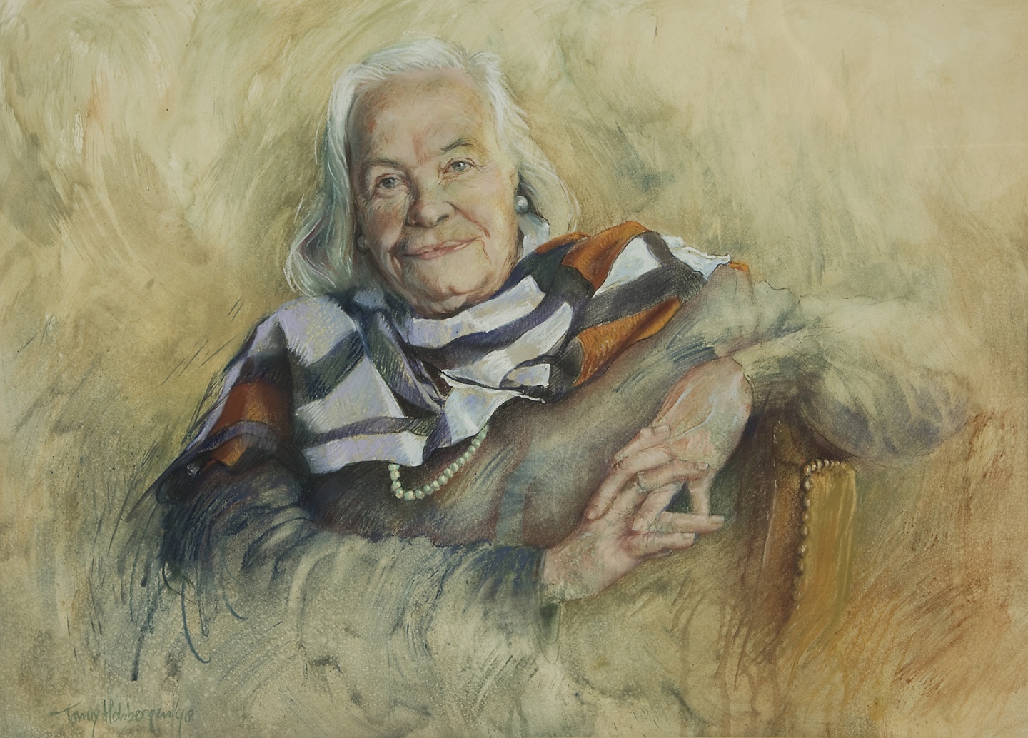 De afbeelding toont een kunstzinnig portret van Hella S. Haasse. Gemaakt door: Tonny Holsbergen