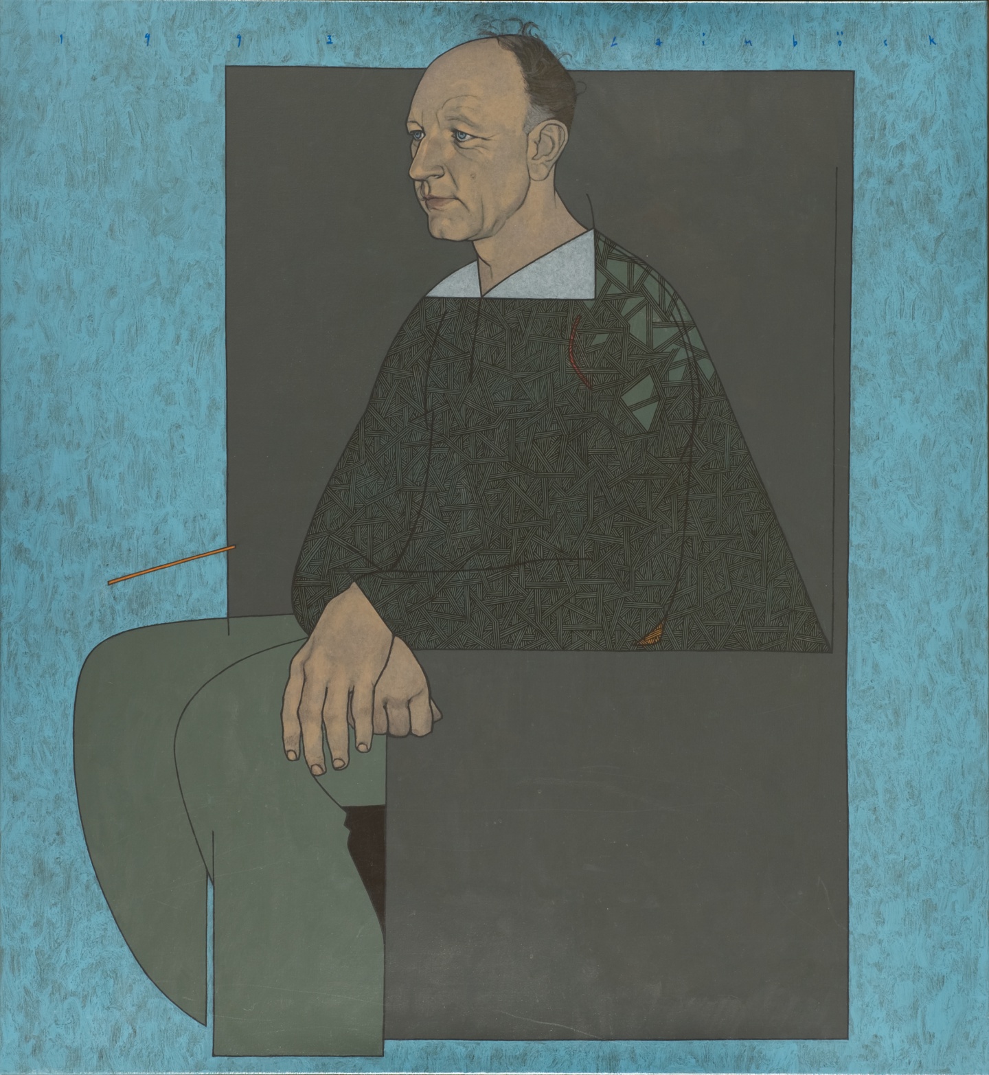 De afbeelding toont een kunstzinnig portret van Maarten ’t Hart. Gemaakt door: Lia  Laimböck