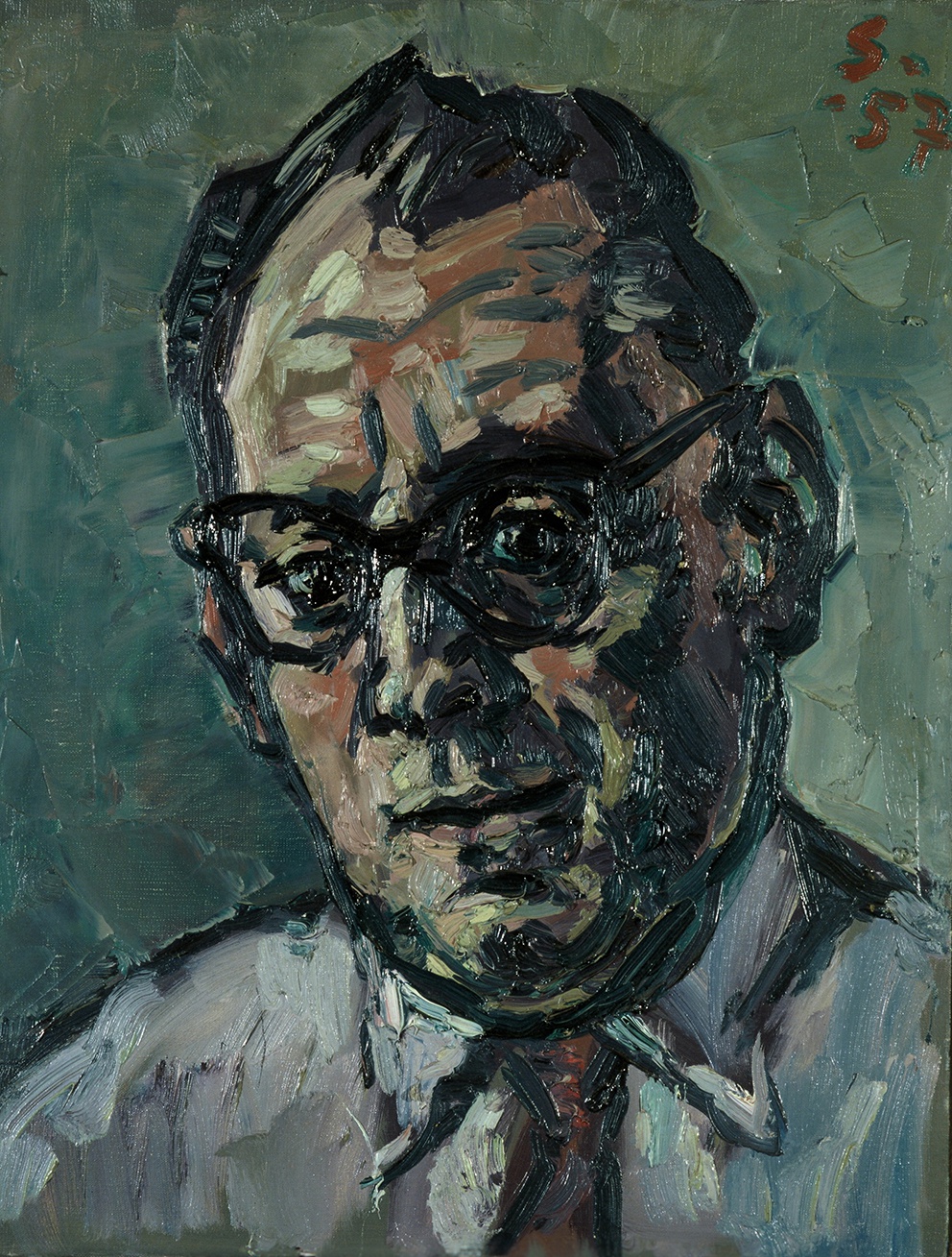 De afbeelding toont een kunstzinnig portret van Willem Hussem . Gemaakt door: Willem  Schrofer 