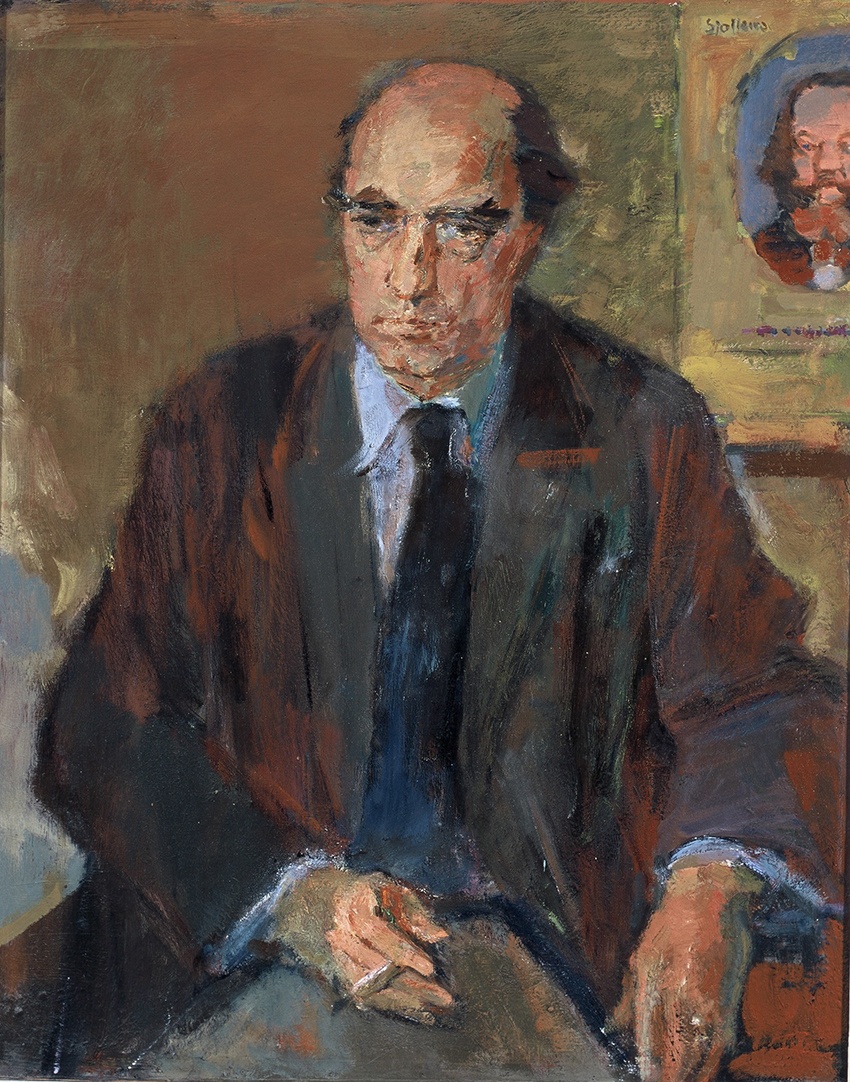 De afbeelding toont een kunstzinnig portret van Arthur Lehning . Gemaakt door: Joop Sjollema