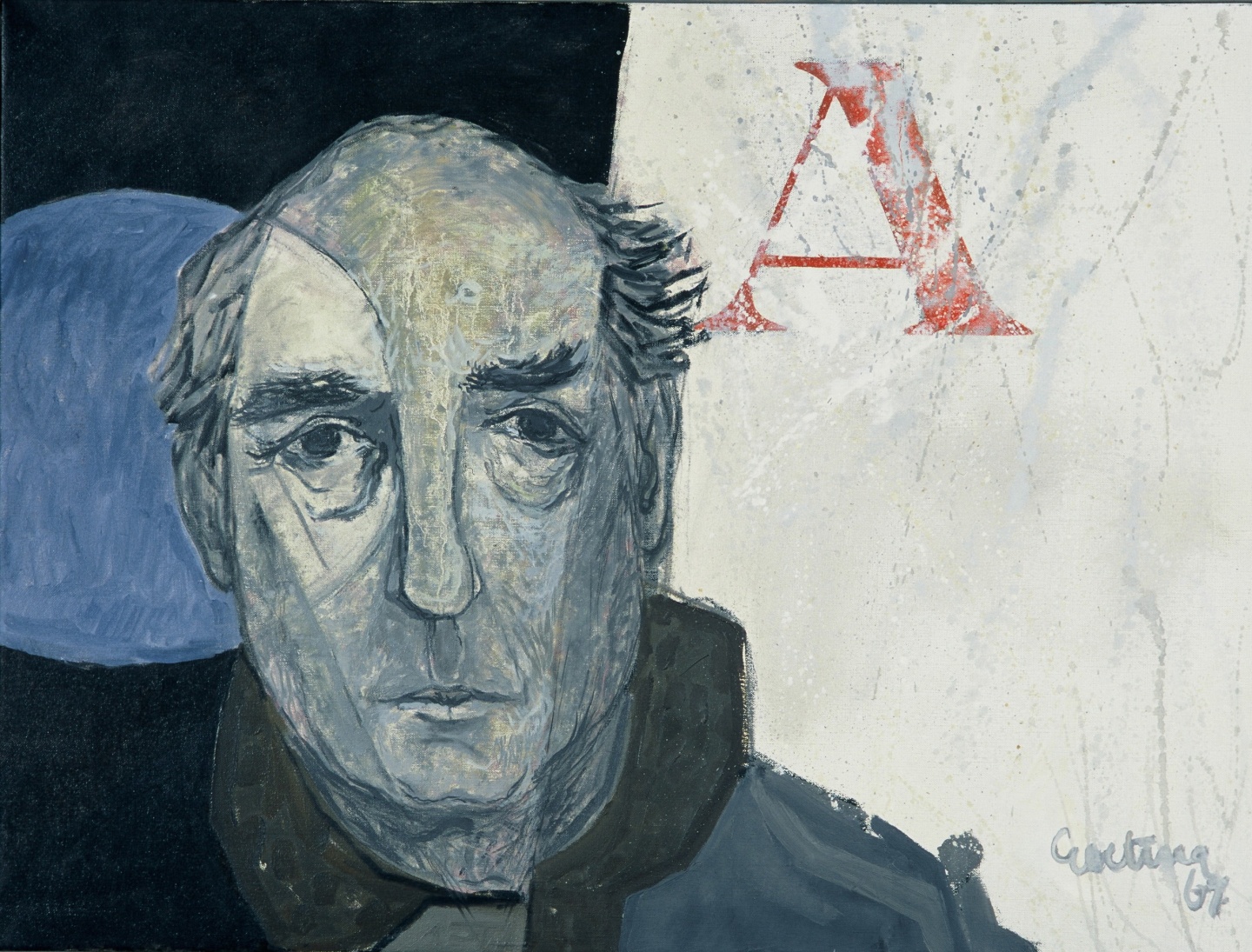 De afbeelding toont een kunstzinnig portret van Arthur Lehning. Gemaakt door: Jan  Goeting 
