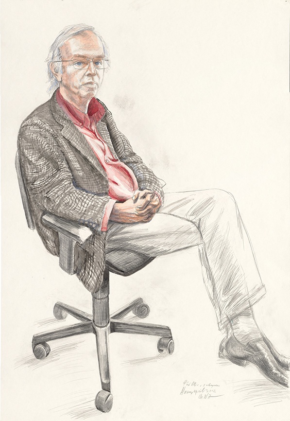 De afbeelding toont een kunstzinnig portret van Piet Meeuse. Gemaakt door: Oscar de  Wit 