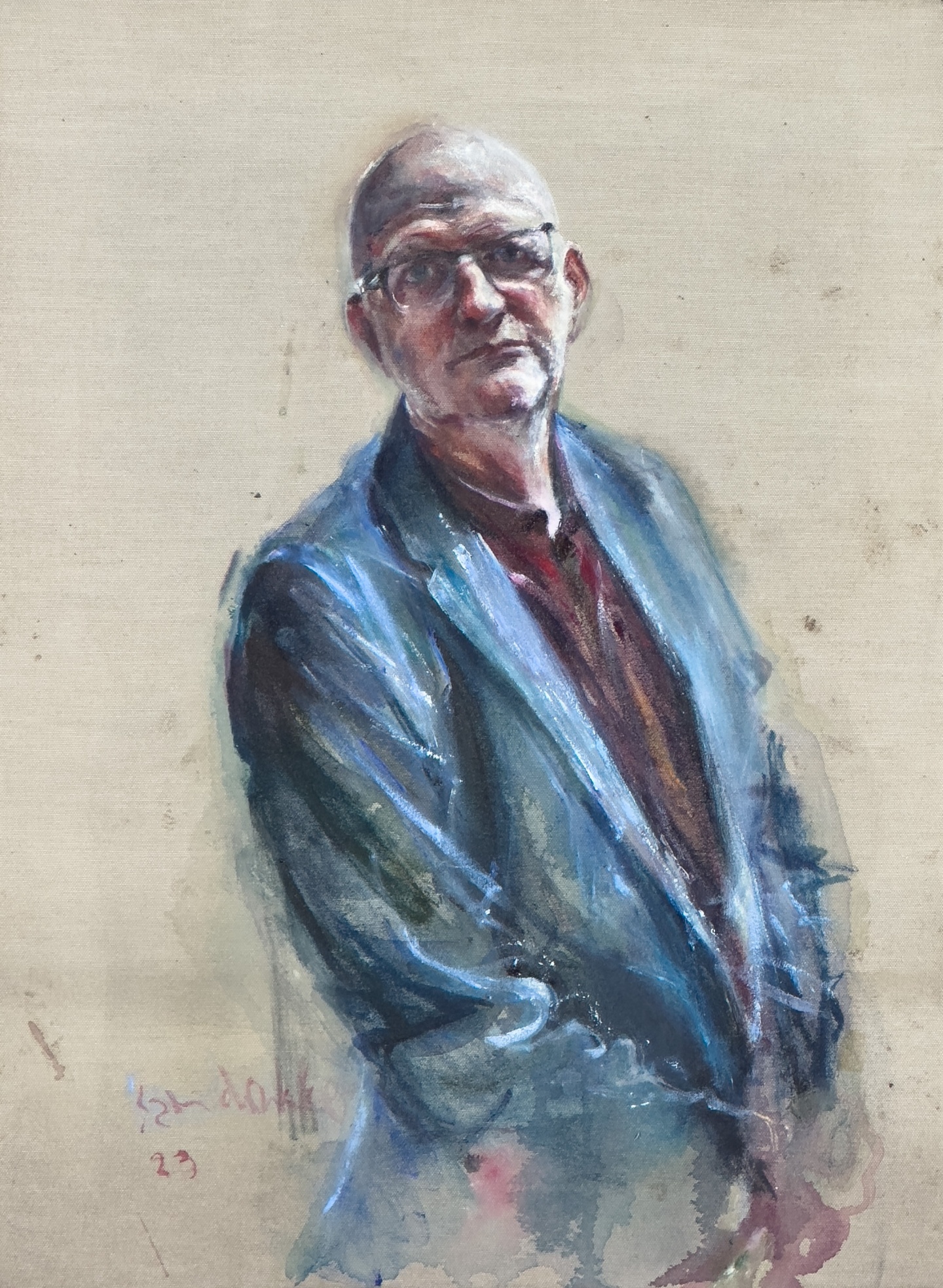 De afbeelding toont een kunstzinnig portret van Aad Meinderts. Gemaakt door: Sam  Drukker 