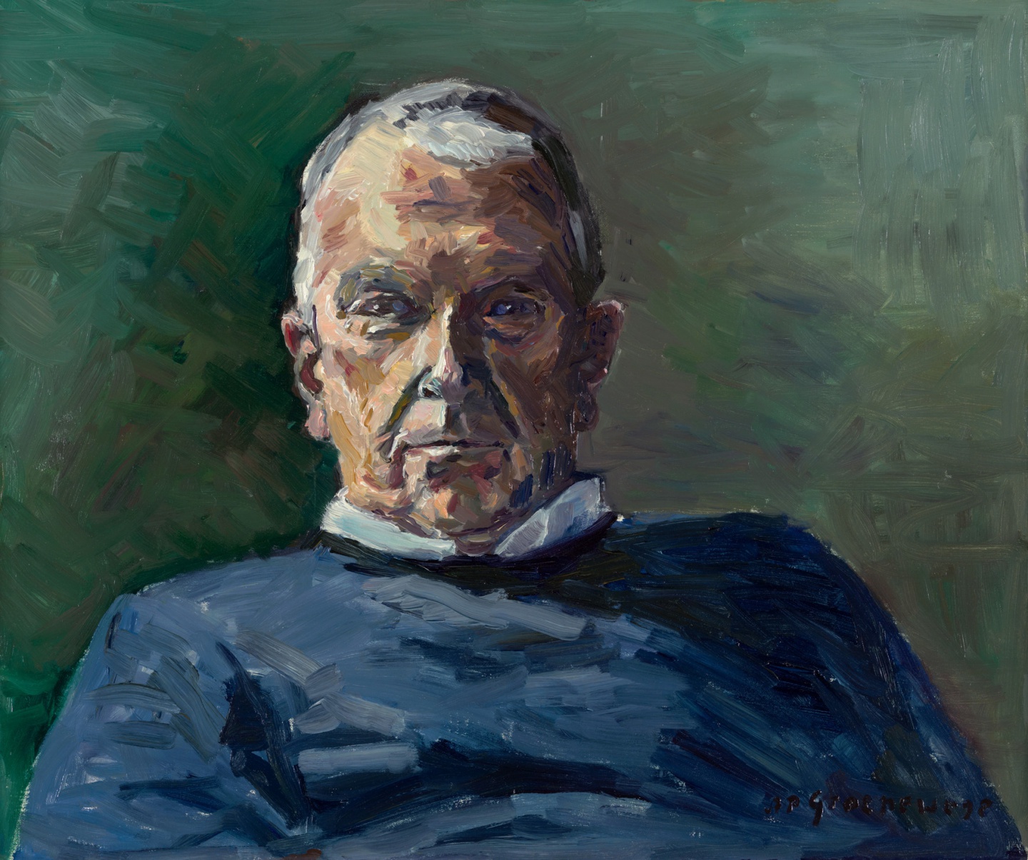 De afbeelding toont een kunstzinnig portret van W.J. van der Molen . Gemaakt door: A.P.   Groenewege