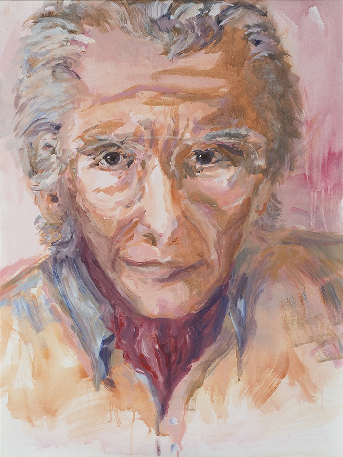 De afbeelding toont een kunstzinnig portret van Harry Mulisch. Gemaakt door: Femke  Wolthuis