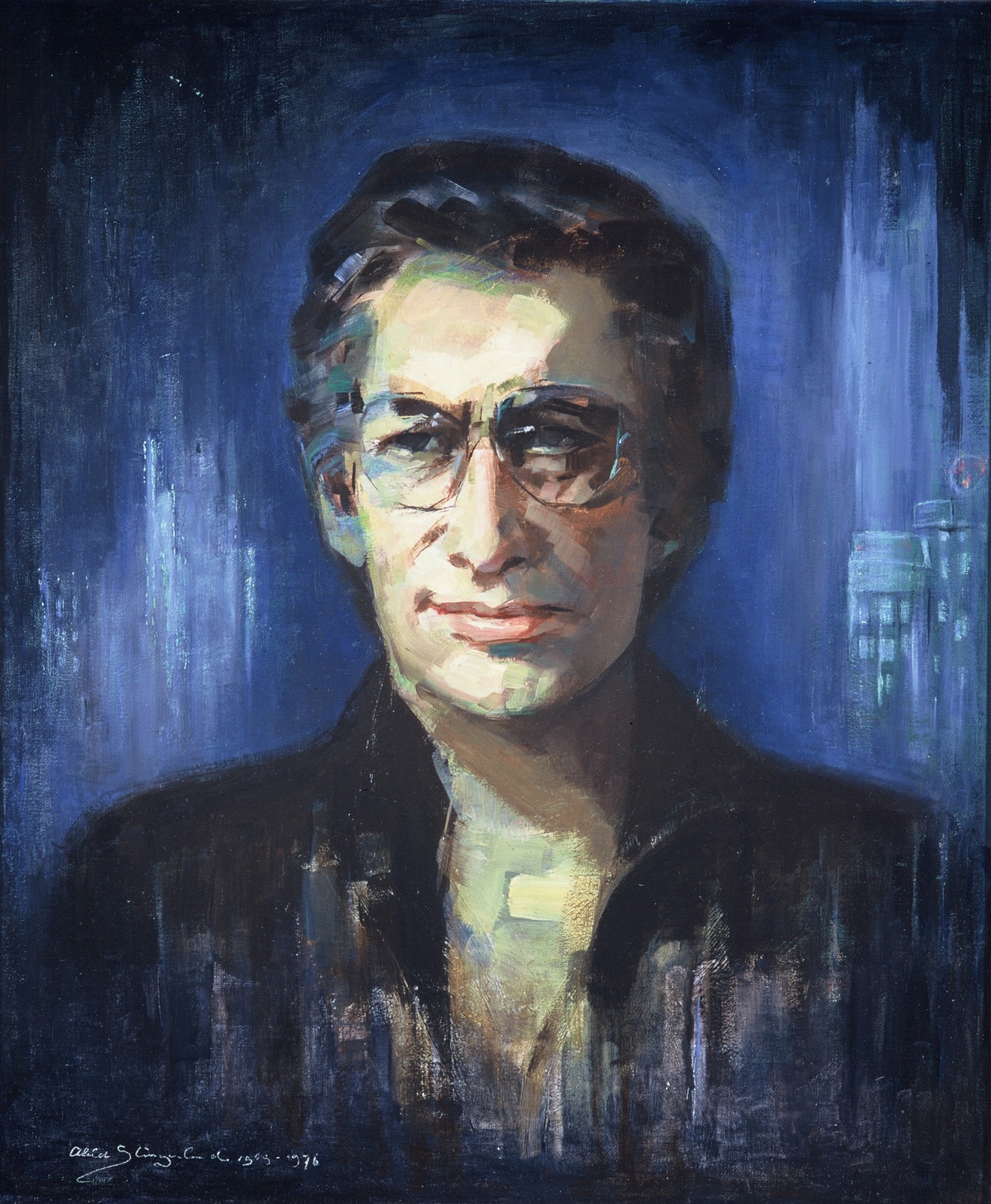 De afbeelding toont een kunstzinnig portret van Harry Mulisch. Gemaakt door: Aleid Slingerland
