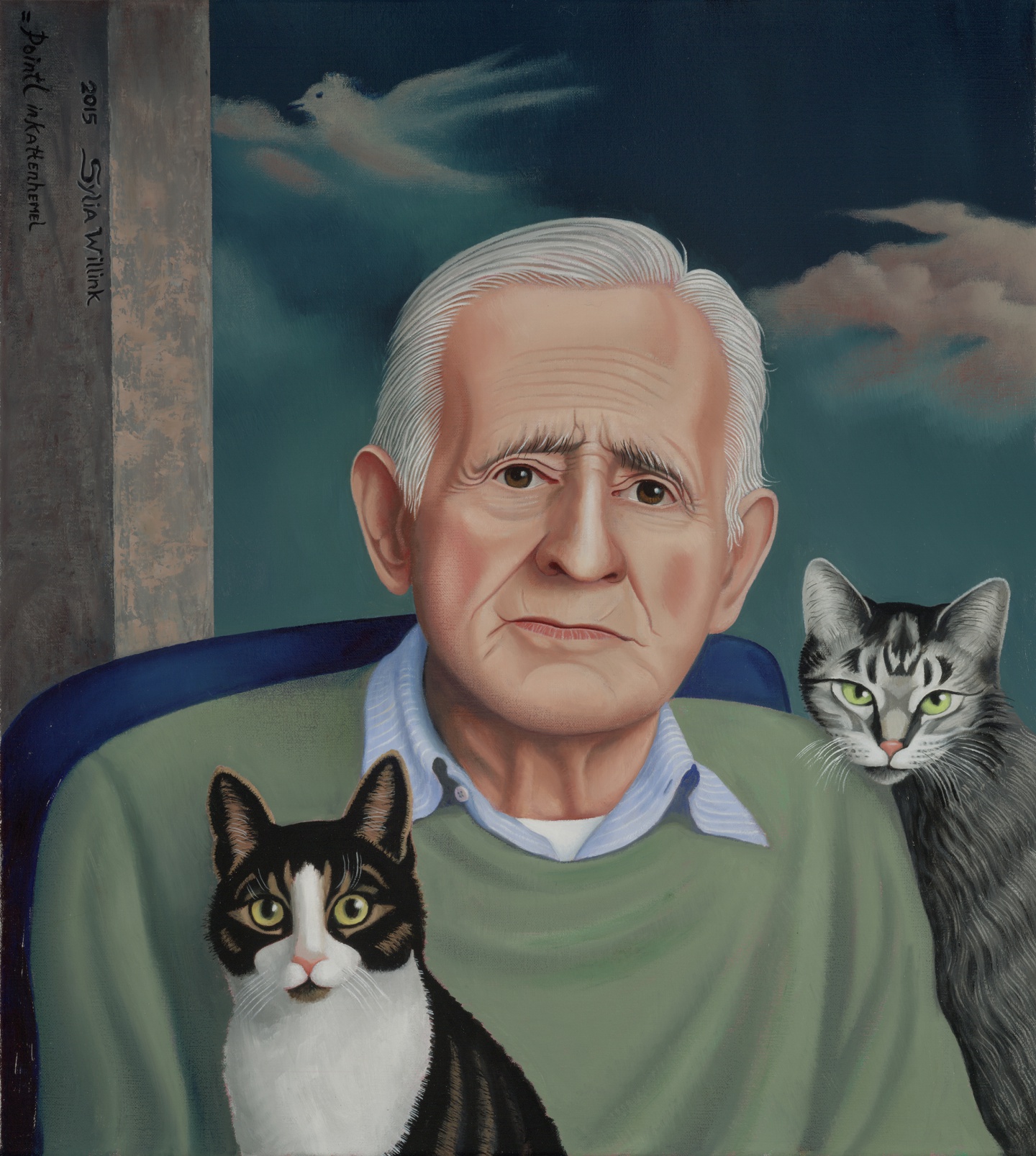 De afbeelding toont een kunstzinnig portret van Frans Pointl in de Kattenhemel. Gemaakt door: Sylvia Willink