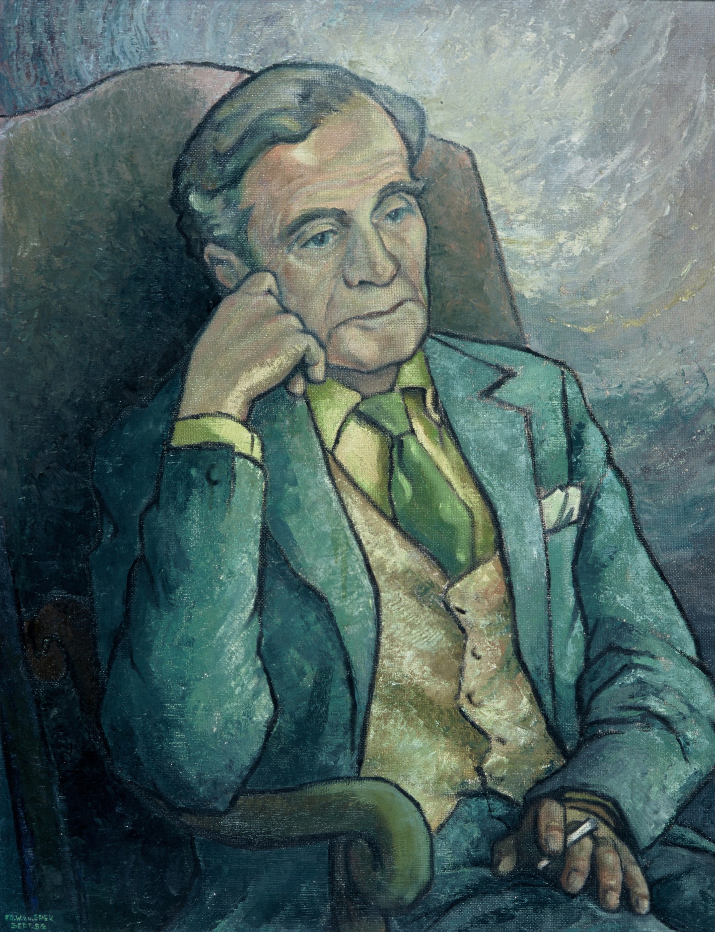 De afbeelding toont een kunstzinnig portret van A. Roland Holst. Gemaakt door: F.W. van der Spek 