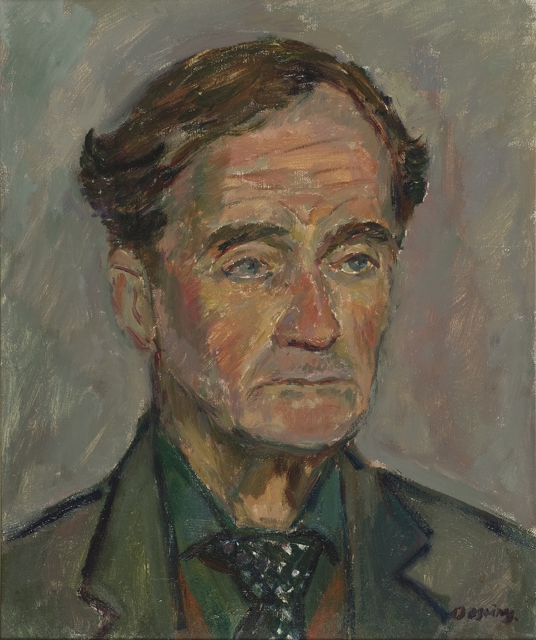 De afbeelding toont een kunstzinnig portret van A. Roland Holst . Gemaakt door: Jeanne  Bieruma Oosting 
