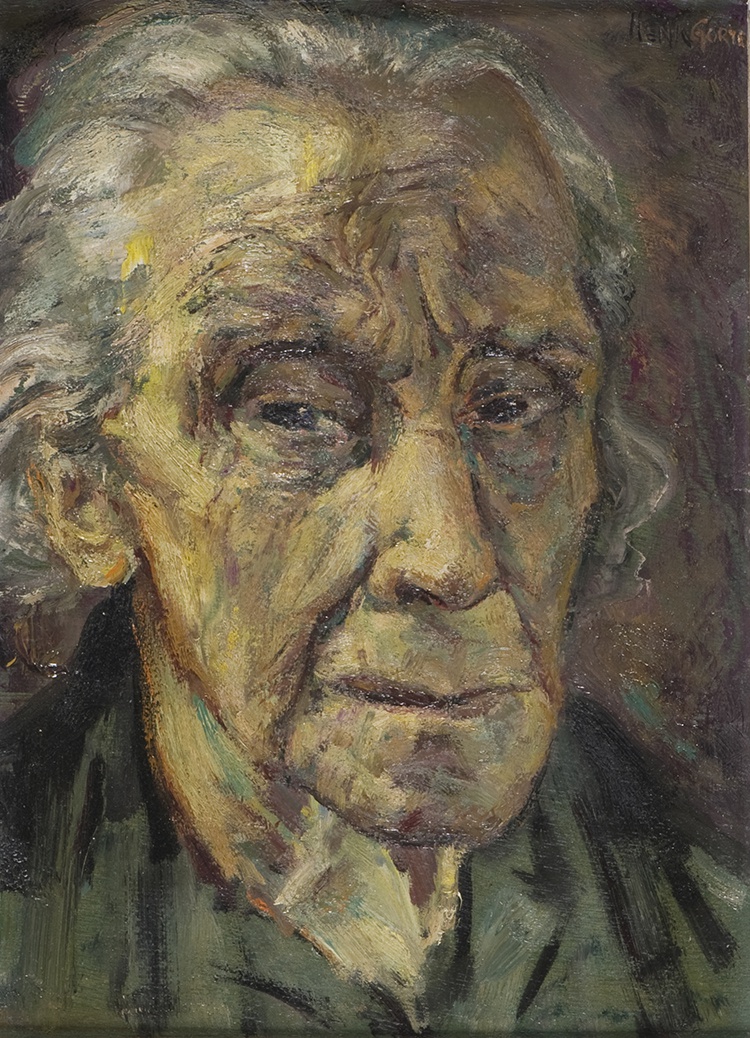 De afbeelding toont een kunstzinnig portret van Henriette Roland Holst-van der Schalk . Gemaakt door: Henk  Gorter 