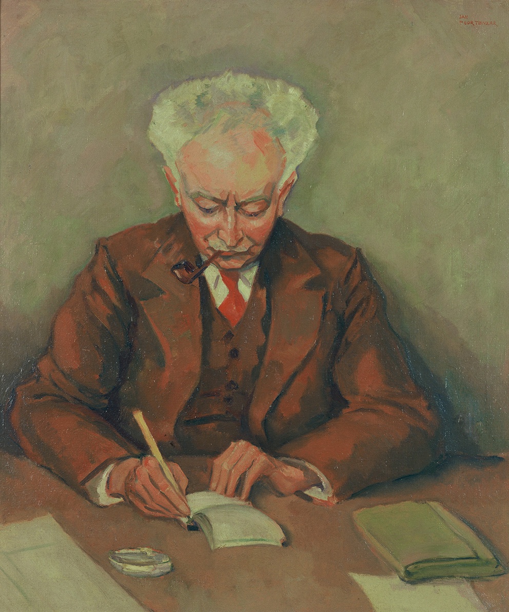 De afbeelding toont een kunstzinnig portret van Arthur van Schendel. Gemaakt door: Jan Poortenaar 
