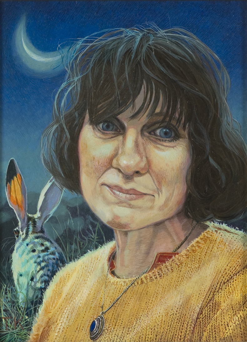 De afbeelding toont een kunstzinnig portret van Aafke Steenhuis - Aafke, haas en maan. Gemaakt door: Trudy Kramer