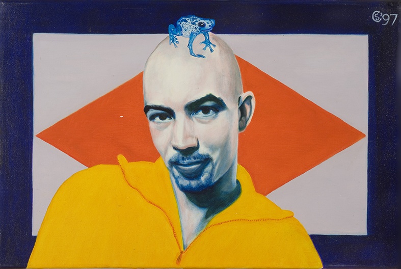 De afbeelding toont een kunstzinnig portret van Tommy Wieringa. Gemaakt door: Charlotte   Scholten