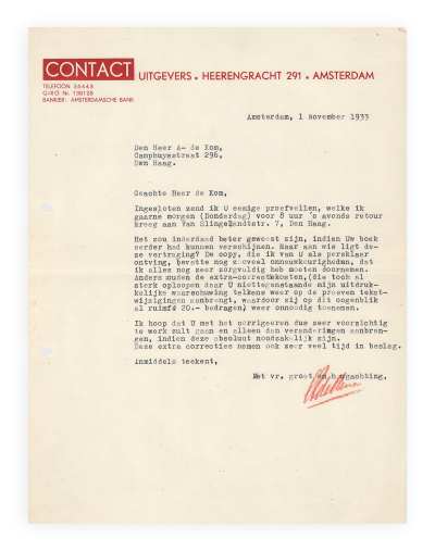 <p><span class="caption">Uitgeverij Contact aan Anton de Kom, 1933</span></p>