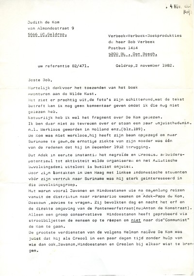 Brief Judith de Kom, 4 november 1982