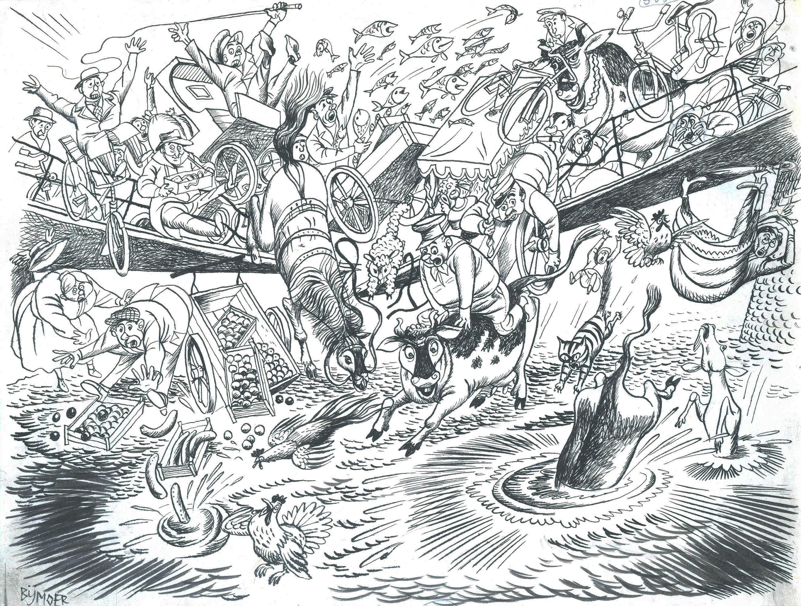 ‘De brug van Breukelen’, voor het eerst gepubliceerd 7 april 1956 in <i>Het Parool</i>, later verschenen in <i>Op visite bij de reus</i>, 1956. Pen en inkt.
