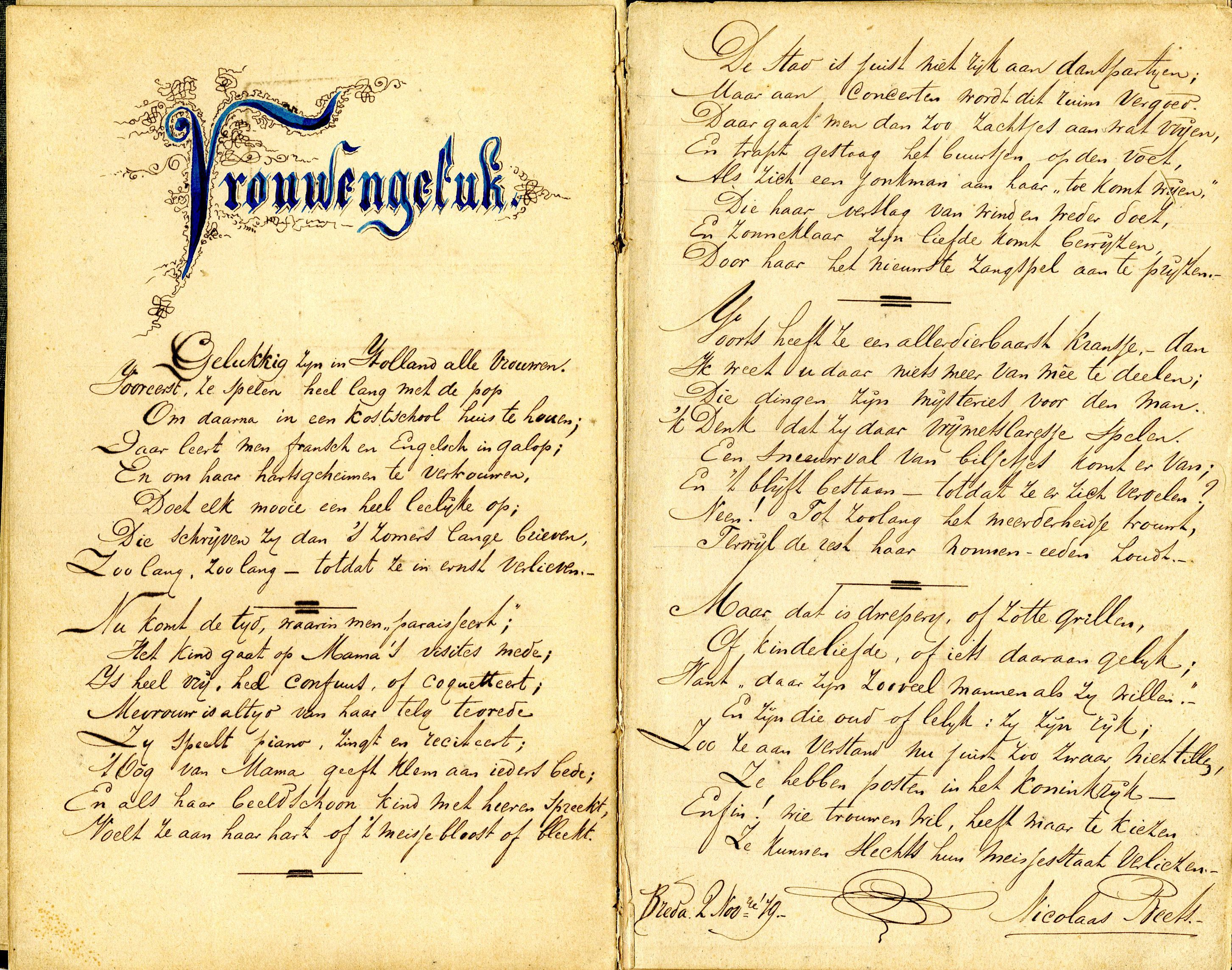 Op 2 november 1879 gedateerde bijdrage van Beets aan het poesiealbum van Alberdina Kempers, 1876-1884