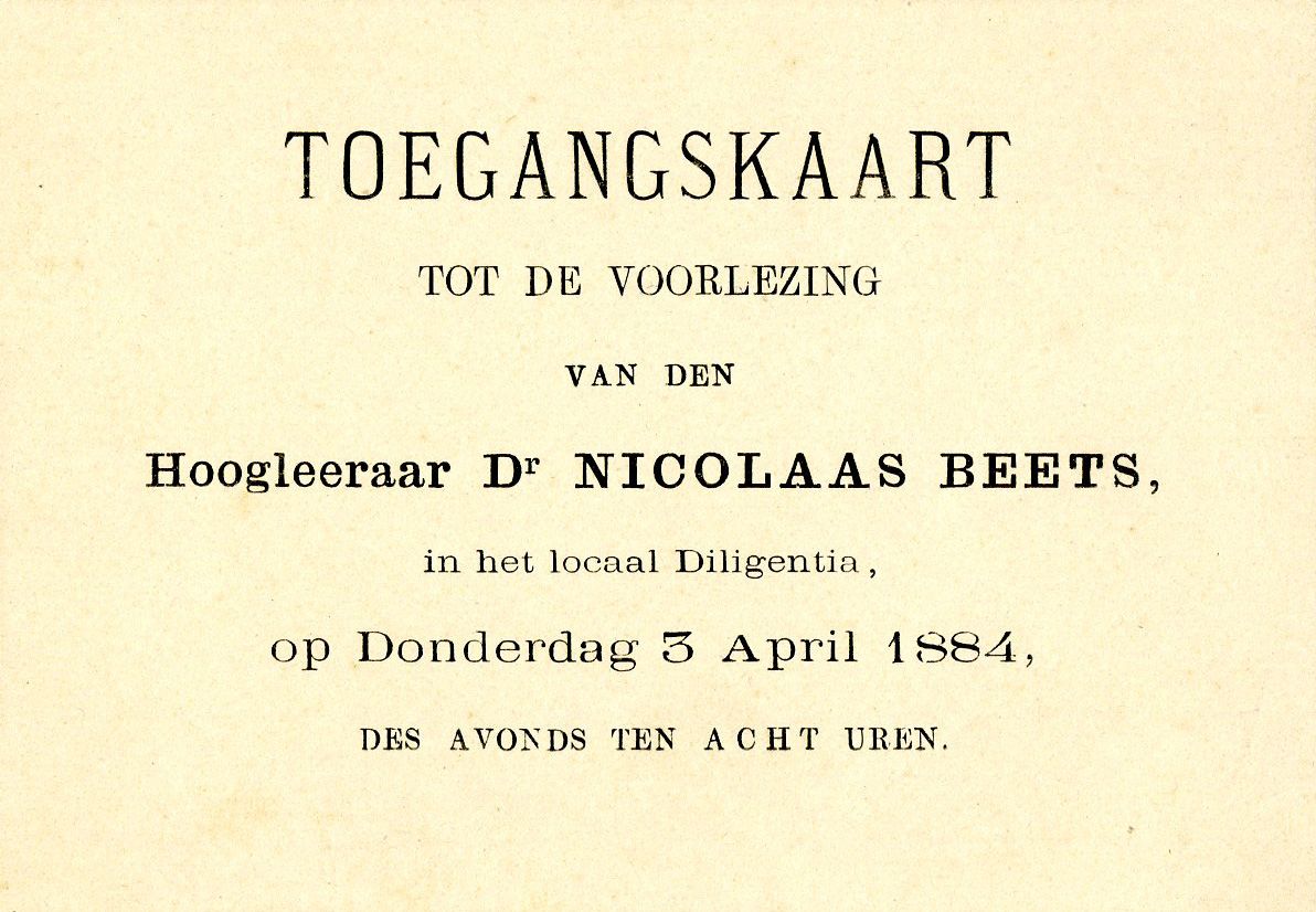 Toegangskaart voor een lezing door Nicolaas Beets in het Haagse Diligentia op 3 april 1884