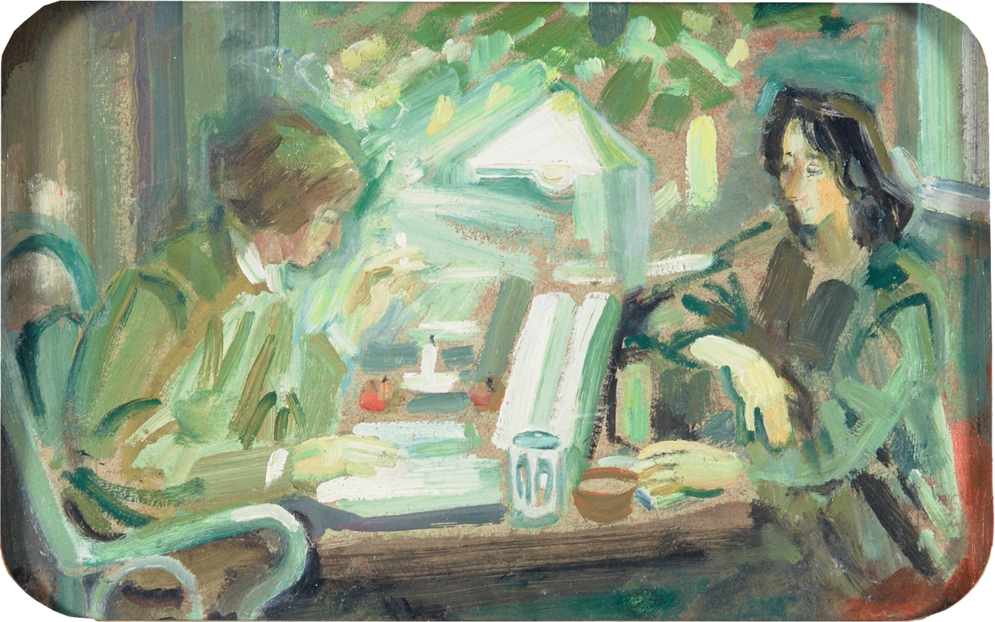 De afbeelding toont een kunstzinnig portret van  Anneke Brassinga en Thérèse Cornips. Gemaakt door: Jopie Roosenburg-Goudriaan