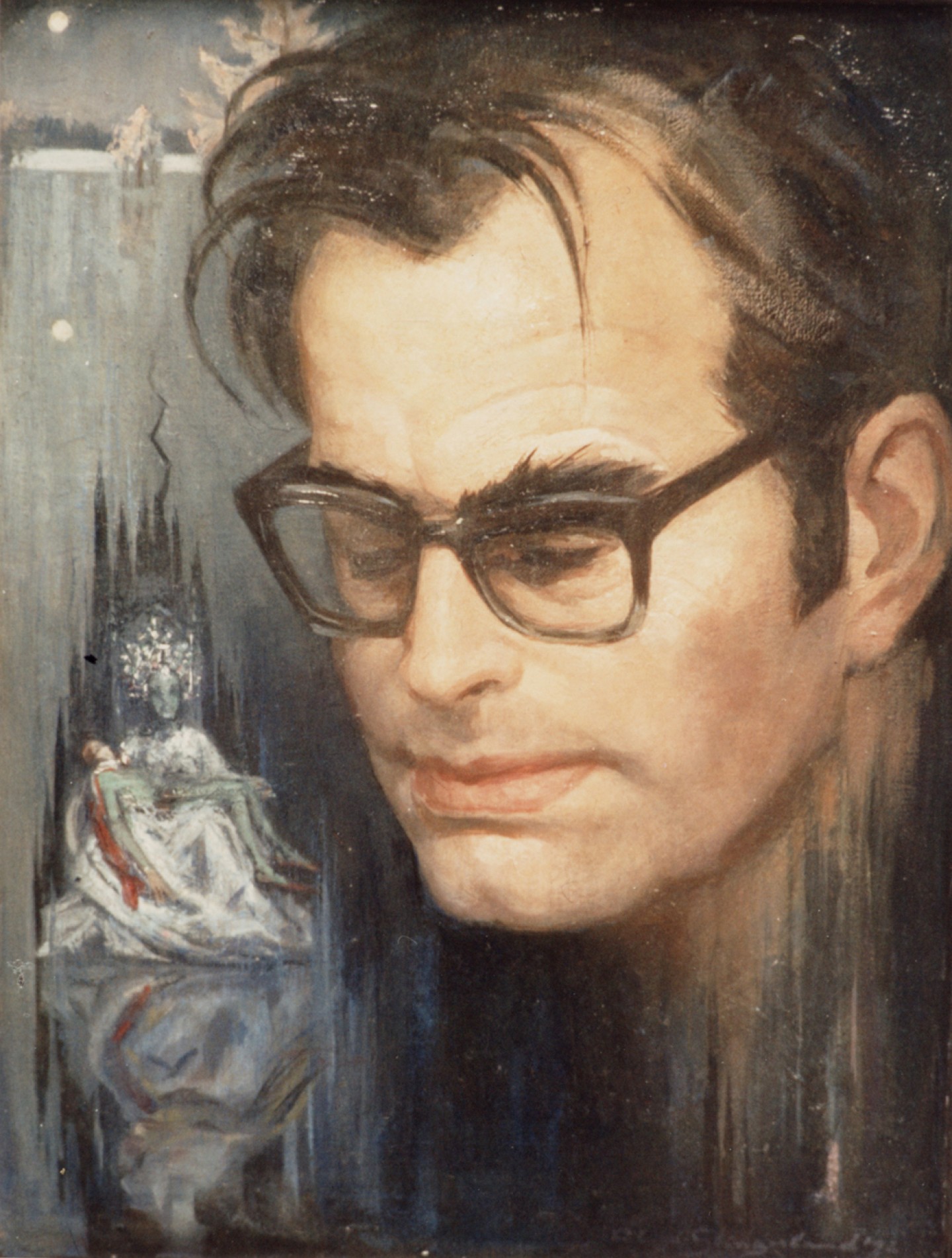 De afbeelding toont een kunstzinnig portret van Godfried Bomans. Gemaakt door: Aleid Slingerland