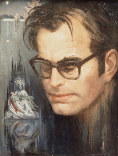 Deze afbeelding toont een kunstzinnig portret van Godfried Bomans.
